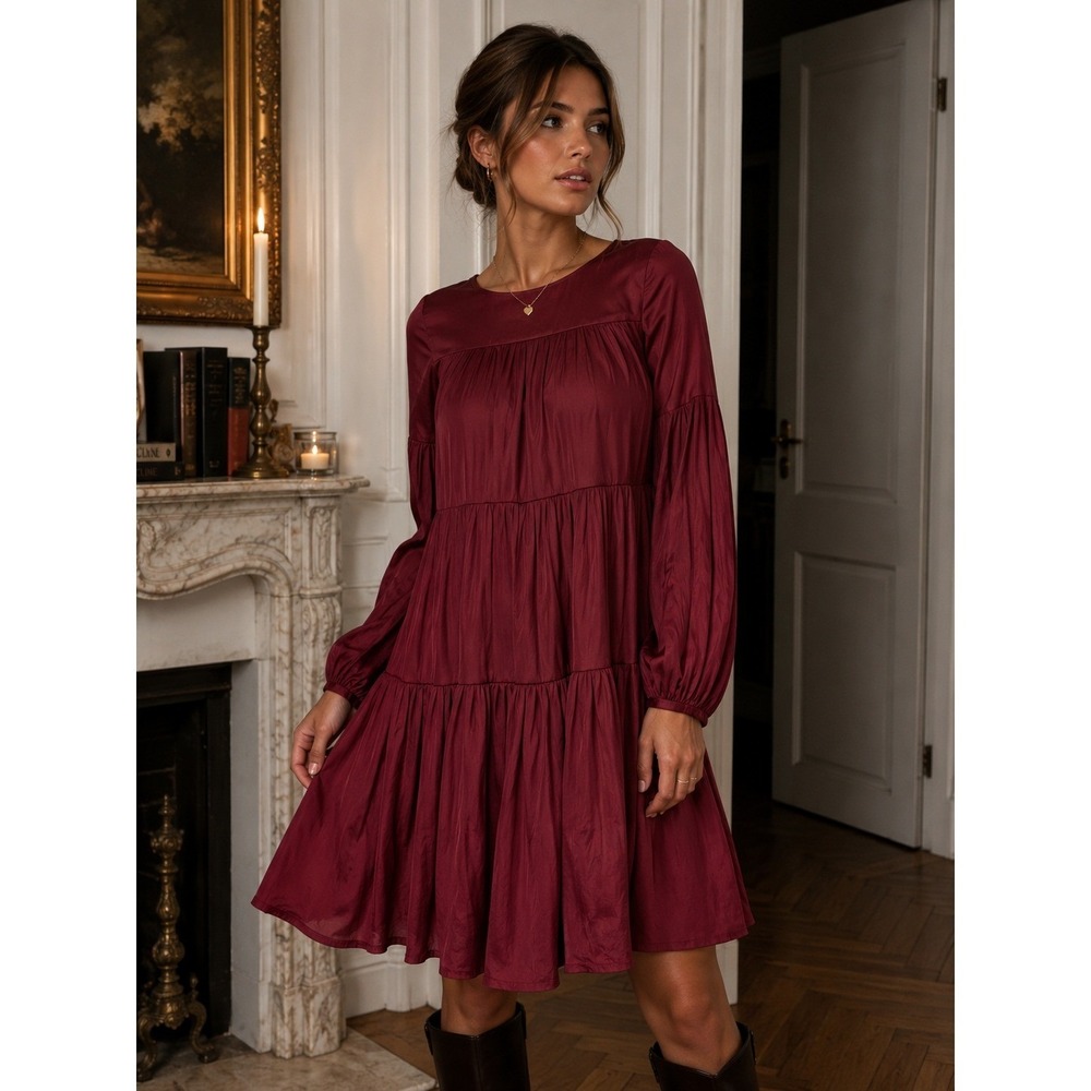 Banana Republic Dress Womens XS Red Satin Tiered Babydoll Mini Boho